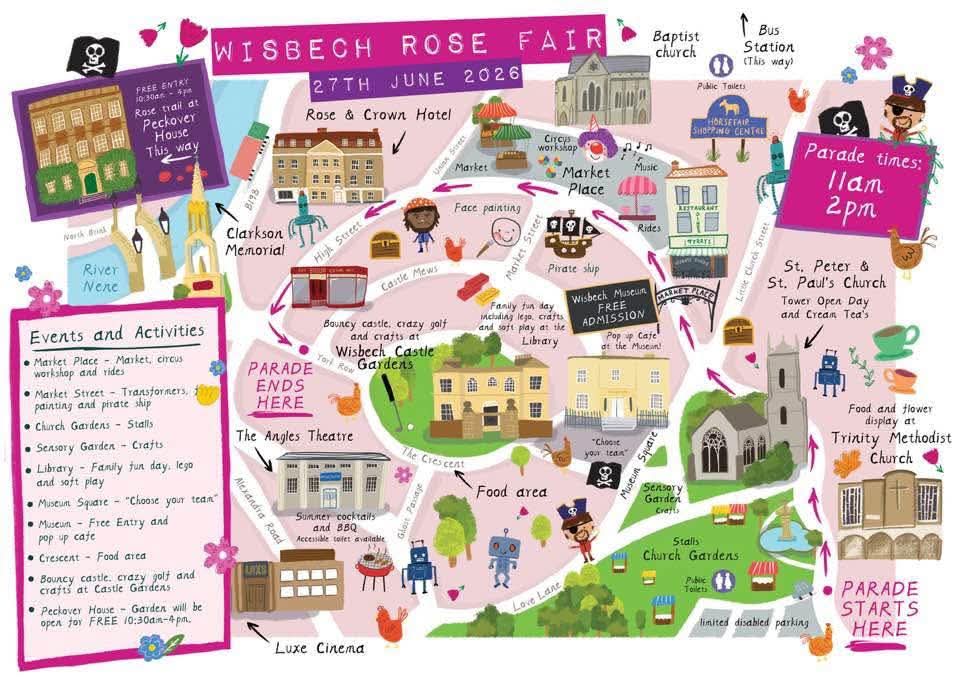 Poster for the Wisbech Rose Fair: Parade Times 11am and 2pm. Events and Activities - Workshops and rides, Painting, Pirate Ship, Stalls, Crafts, Family fun at the Library, Free entry to the Museum, Food stalls, Bouncy Castle, Crazy Golf, Peckover House Gardens (free between 10:30am-4pm)