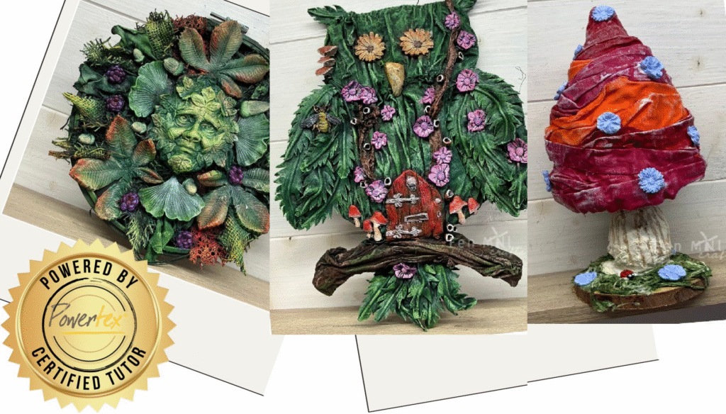 Examples of PowerTex from Fen Mill Crafts: A plaque of The Green Man, A wall-mounted Owl sitting on a branch, An ornamental Toadstool sculpture