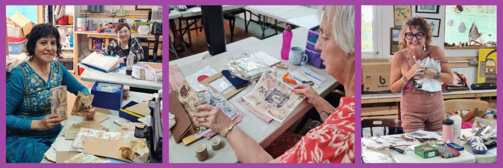 Photos: (Left to Right) Bea shows a couple of examples of her latest journals. Joy decides which papers to use (so much choice!) Sharon just can't decide which elements to choose so decides to use them all!