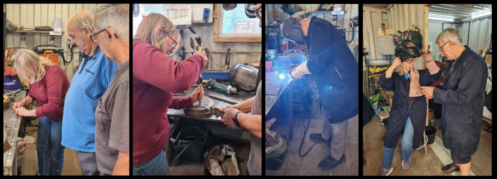 Photos: (Left) Maria and Barry take metalwork lessons from Mick. Maria puts the lesson into practice. Barry practices his welding techniques. Maria and Mick discuss whether she should be welding with her glove in her mouth!