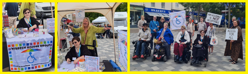 Photos: (Left) Sadie at the stall in Market Square. (Centre) Sadie and Sally have some fun. (Right) The Wisbech Access Group Members with the Mayor, Lucie Foice-Beard