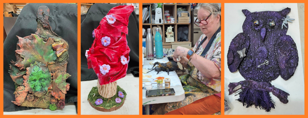 Photos: (Left to right) Lisa's Green Man Plaque, one of our new ladies Toadstool sculpture, Sally finishes off her bee (from 2 years ago!) Sadie's owl wall plaque