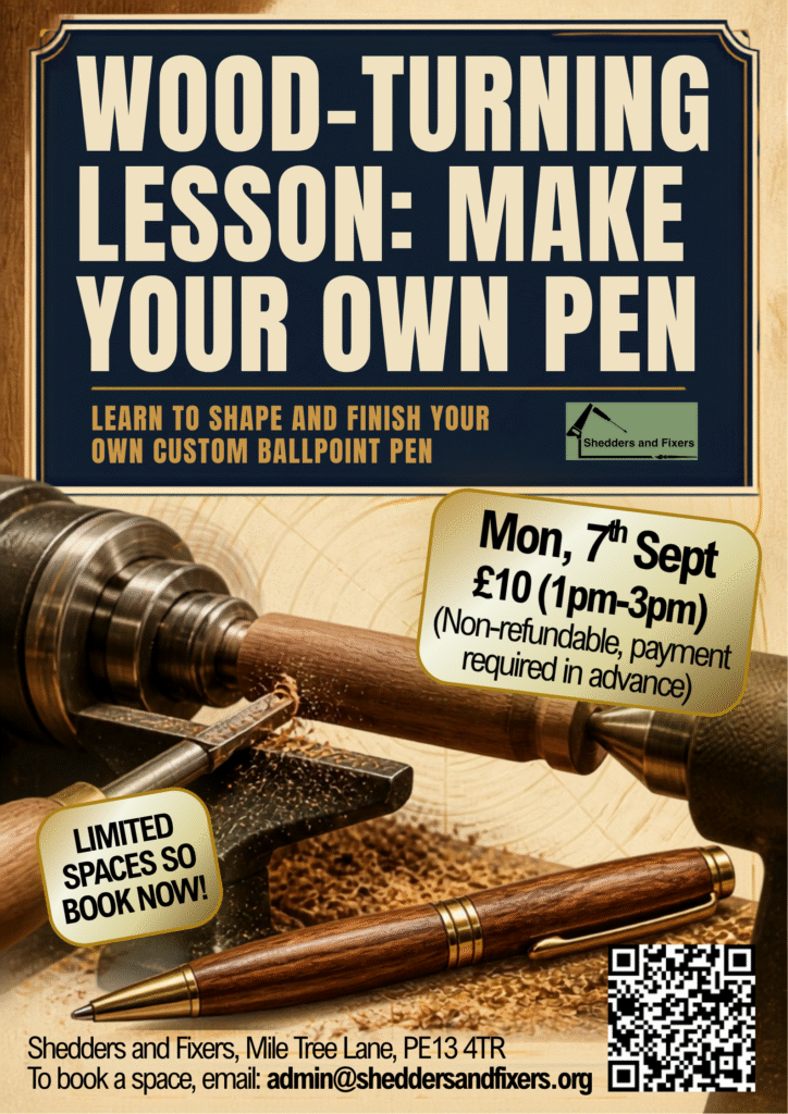 POSTER: Wood-Turning Lesson: Make your own pen! Learn how to shape and finish your own custom ballpoint pen