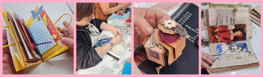 Photos: (Left to right) Margaret's colourful artwork. Sadie pieces her metallic-themed journal together. Susan's miniature journal. Sarah finishes her Tudor-themed journal