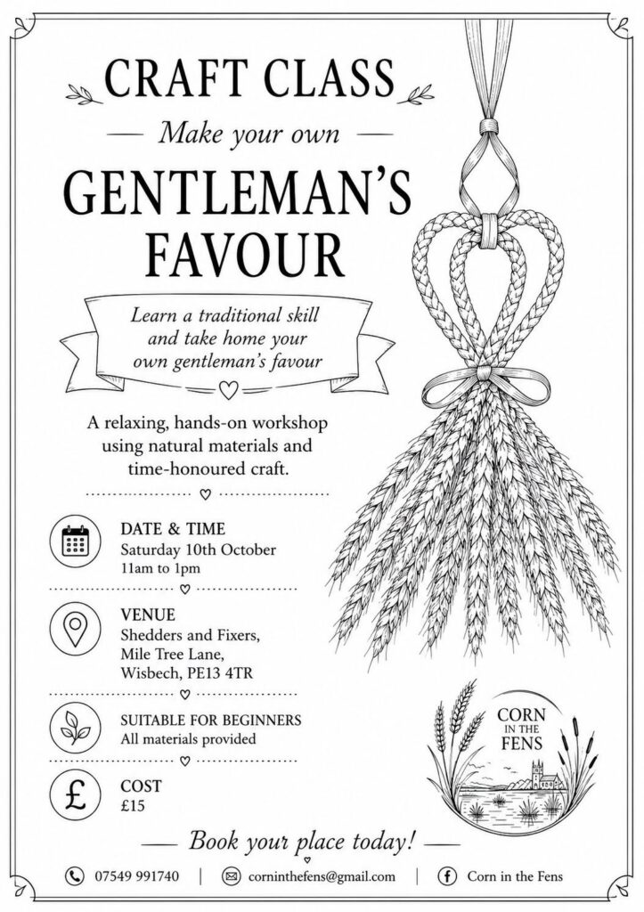 Poster: Learn a traditional skill and take home your own 'gentleman's favour'. A relaxing, hands-on workshop using natural materials and time-honoured craft. Suitable for beginners, All materials provided